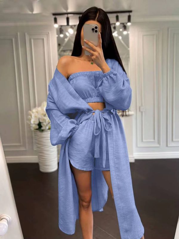 Elegant Loose Long Sleeve Robes And Tube Top With High Waist Shorts 3 Piece Sets - Image 8