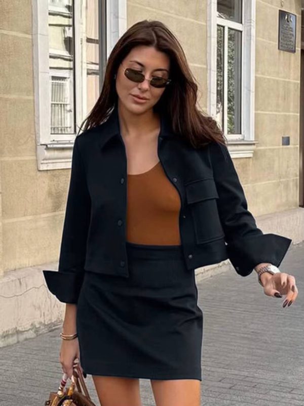 Elegant Loose Long Sleeve Shirt With High Waist Mini Skirt 2 Piece Set - Image 4