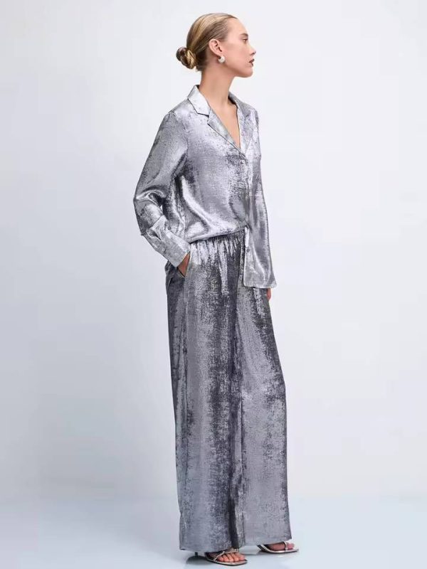 Elegant Loose Long Sleeve Shirt With High Waist Wide Pants 2 Pieces Set - Image 4