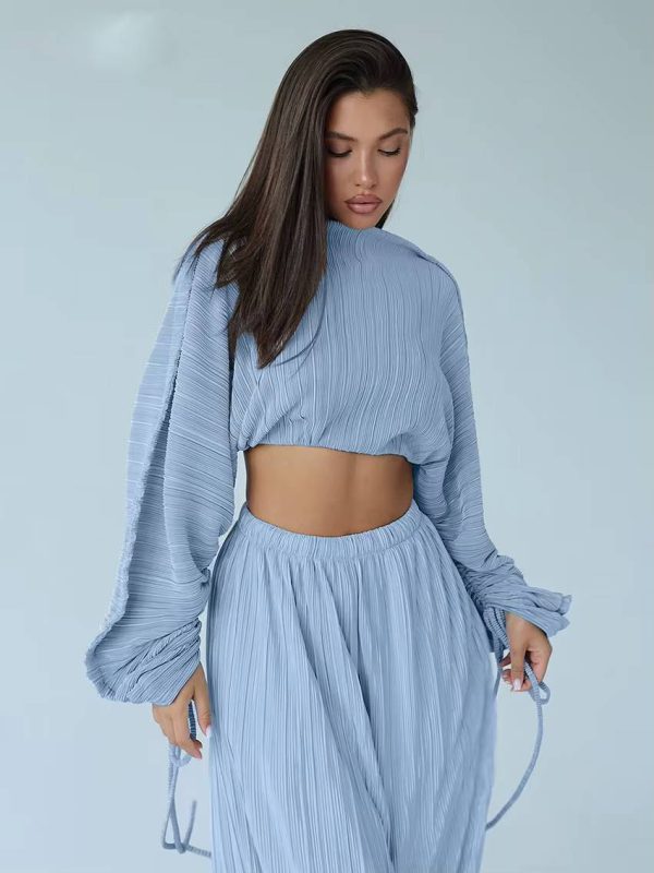 Elegant Loose Pleated Long Sleeve Crop Top With High Waist Wide Pants 2 Pieces Set - Image 5