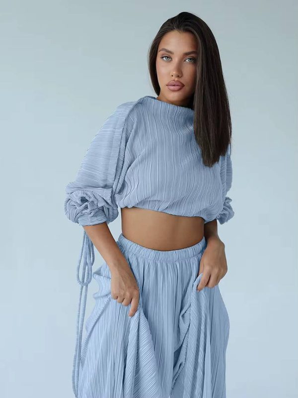 Elegant Loose Pleated Long Sleeve Crop Top With High Waist Wide Pants 2 Pieces Set - Image 4