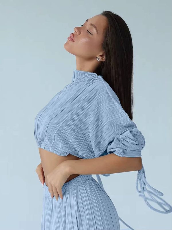 Elegant Loose Pleated Long Sleeve Crop Top With High Waist Wide Pants 2 Pieces Set - Image 2