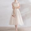 Elegant Mandarin Collar Lace Applique Cap Sleeve Bow Sash Short Dress - Image 2