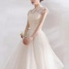 Elegant Mandarin Collar Lace Applique Cap Sleeve Bow Sash Short Dress - Image 3