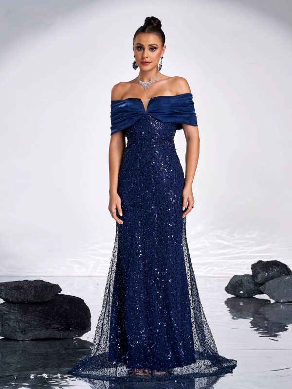 Elegant Off Shoulder Sequin Mermaid Floor Length Evening Party Gown