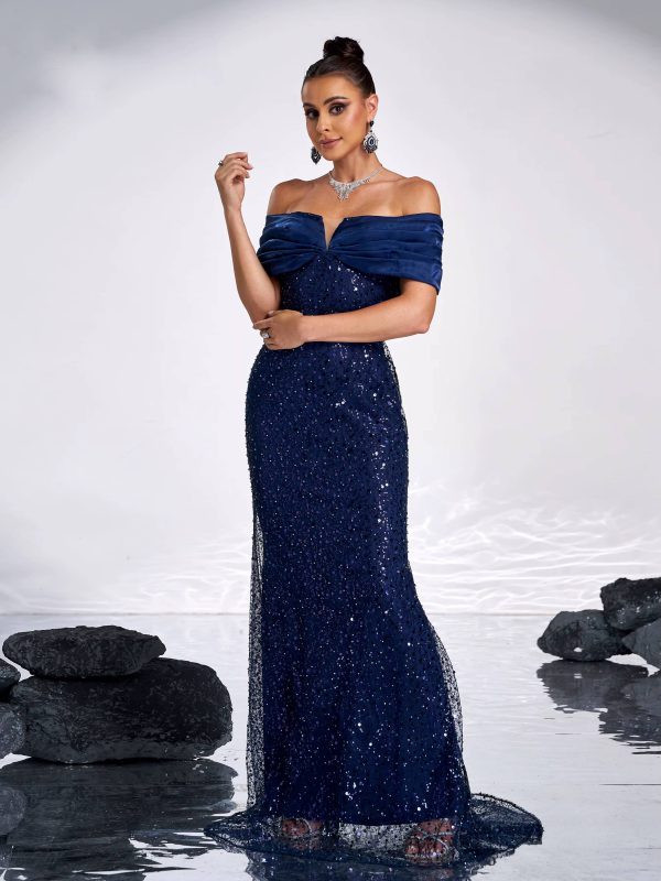 Elegant Off Shoulder Sequin Mermaid Floor Length Evening Party Gown - Image 2