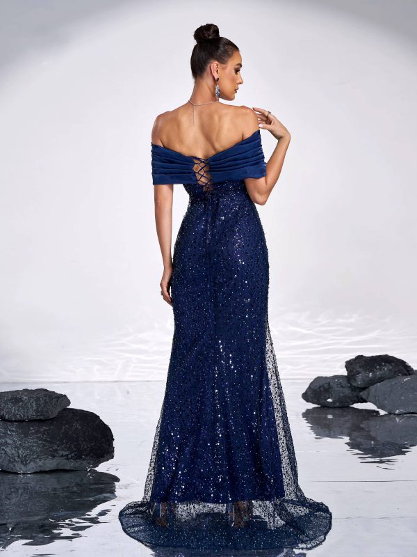 Elegant Off Shoulder Sequin Mermaid Floor Length Evening Party Gown - Image 6