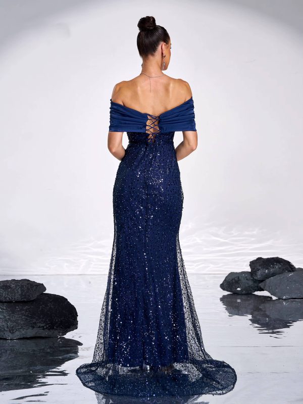 Elegant Off Shoulder Sequin Mermaid Floor Length Evening Party Gown - Image 5