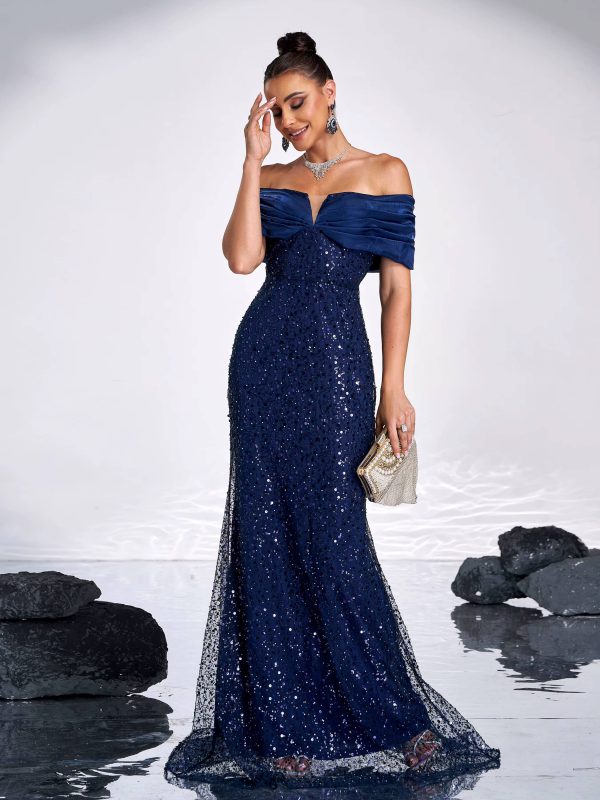 Elegant Off Shoulder Sequin Mermaid Floor Length Evening Party Gown - Image 3