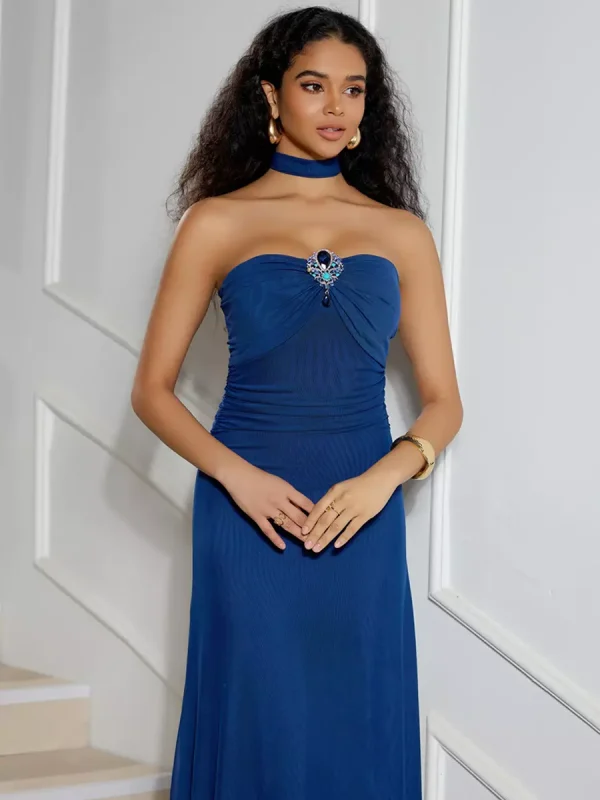 Elegant Open Shoulder Polyester Scarf Strapless Maxi Dress - Image 2