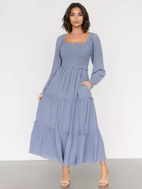 Elegant Pockets Puff Sleeve Tiered Ruffle Square Neck Long Maxi Dress