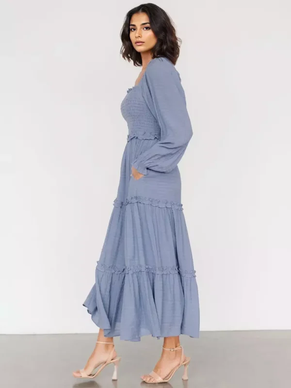 Elegant Pockets Puff Sleeve Tiered Ruffle Square Neck Long Maxi Dress - Image 2