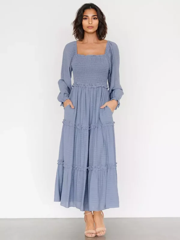 Elegant Pockets Puff Sleeve Tiered Ruffle Square Neck Long Maxi Dress - Image 3