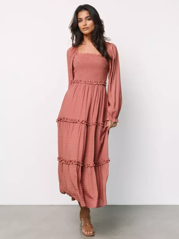 Elegant Pockets Puff Sleeve Tiered Ruffle Square Neck Long Maxi Dress - Image 5