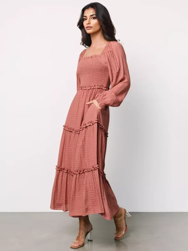 Elegant Pockets Puff Sleeve Tiered Ruffle Square Neck Long Maxi Dress - Image 6