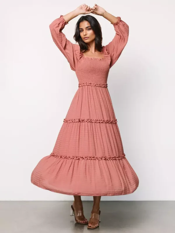 Elegant Pockets Puff Sleeve Tiered Ruffle Square Neck Long Maxi Dress - Image 7