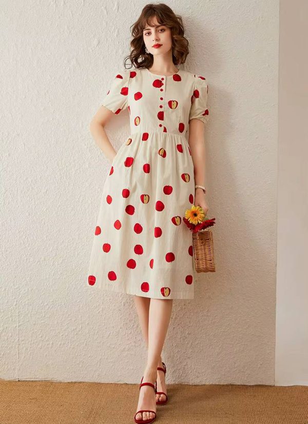 Elegant Print Apple Round Neck Short Sleeve High Waist Puff Sleeve Mid-Calf Dress