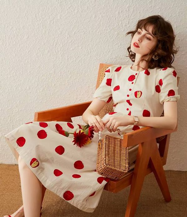 Elegant Print Apple Round Neck Short Sleeve High Waist Puff Sleeve Mid-Calf Dress - Image 3