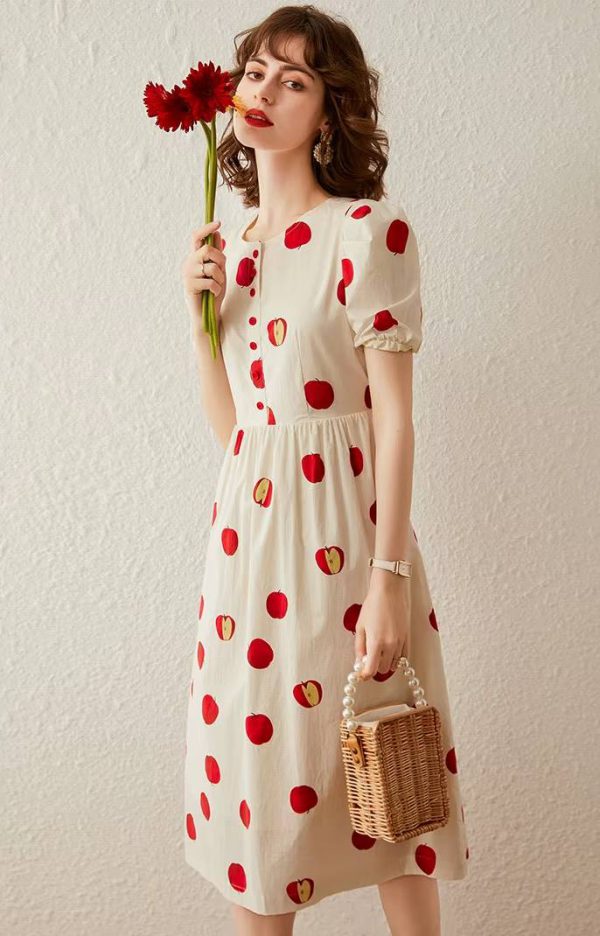 Elegant Print Apple Round Neck Short Sleeve High Waist Puff Sleeve Mid-Calf Dress - Image 4