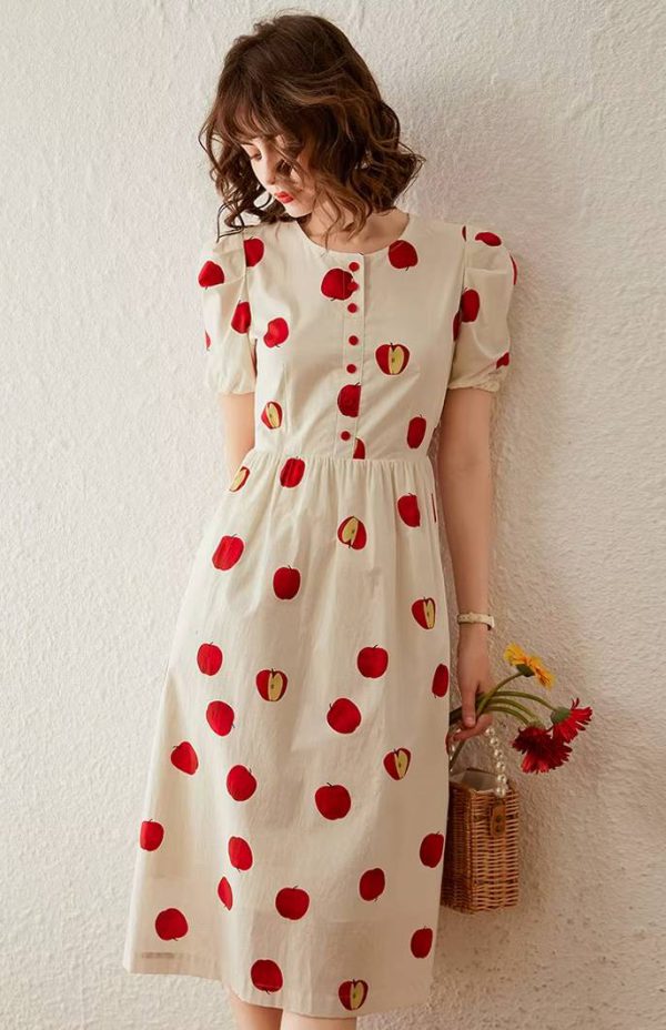 Elegant Print Apple Round Neck Short Sleeve High Waist Puff Sleeve Mid-Calf Dress - Image 2