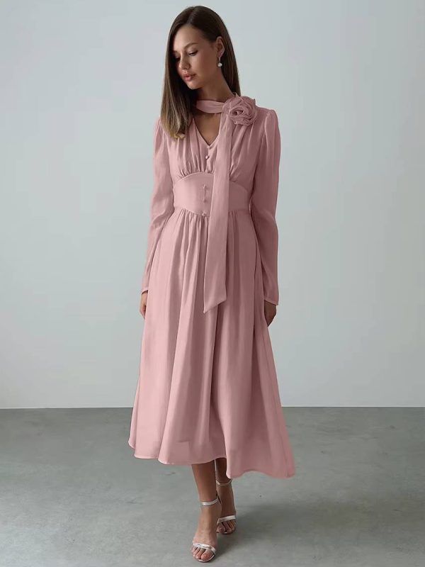 Elegant Pullover High Waist Pleated V-Neck Long Sleeve Midi Dress