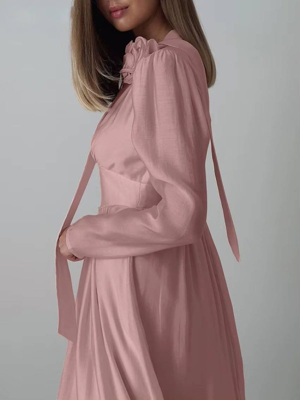 Elegant Pullover High Waist Pleated V-Neck Long Sleeve Midi Dress - Image 6