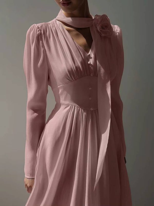 Elegant Pullover High Waist Pleated V-Neck Long Sleeve Midi Dress - Image 5