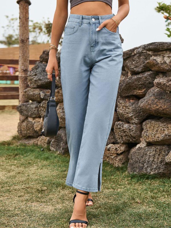 Elegant Raised Cowboy Split Front Waist Denim Bottoms Jeans