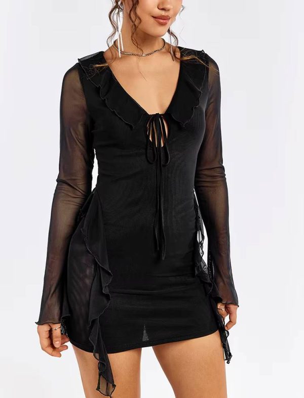 Elegant Ruffle Cut Out Long Sleeve Deep V-Neck Tie Up Mesh Mini Dress - Image 2