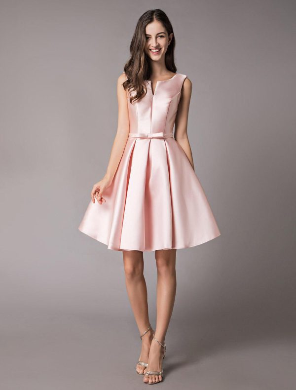 Elegant Satin Soft Pink A Line Sleeveless Short Prom Cocktail Dress