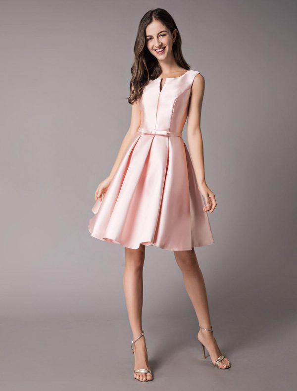 Elegant Satin Soft Pink A Line Sleeveless Short Prom Cocktail Dress - Image 3