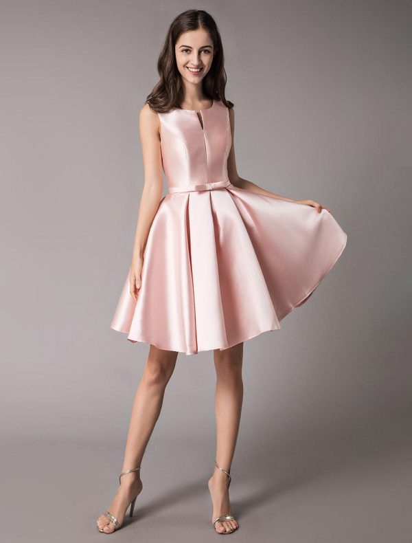 Elegant Satin Soft Pink A Line Sleeveless Short Prom Cocktail Dress - Image 5