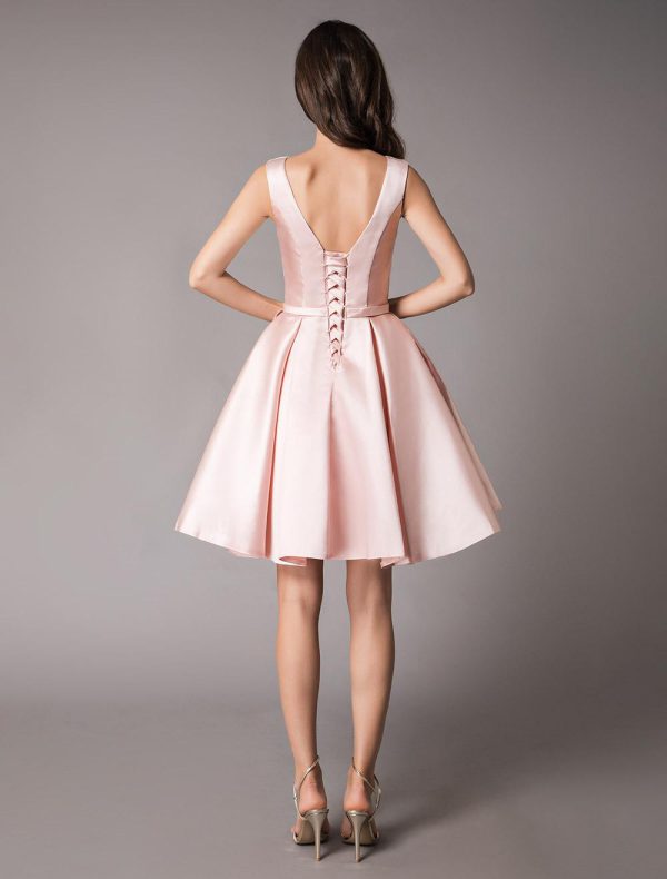 Elegant Satin Soft Pink A Line Sleeveless Short Prom Cocktail Dress - Image 6