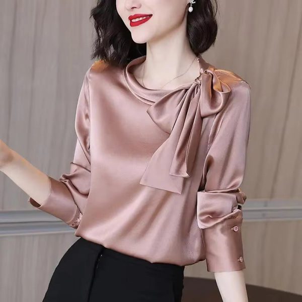 Elegant Satin Solid Bow Fashion Long Sleeve Temperament Bottoming Blusa Shirt