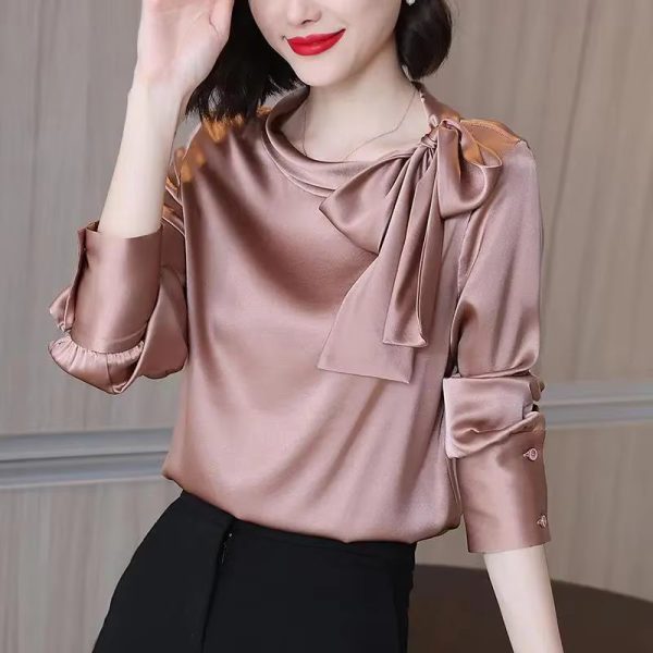 Elegant Satin Solid Bow Fashion Long Sleeve Temperament Bottoming Blusa Shirt - Image 2