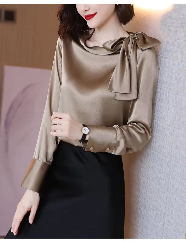 Elegant Satin Solid Bow Fashion Long Sleeve Temperament Bottoming Blusa Shirt - Image 10