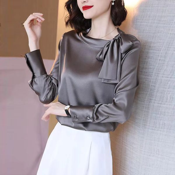 Elegant Satin Solid Bow Fashion Long Sleeve Temperament Bottoming Blusa Shirt - Image 9