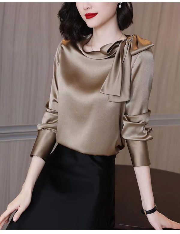 Elegant Satin Solid Bow Fashion Long Sleeve Temperament Bottoming Blusa Shirt - Image 8