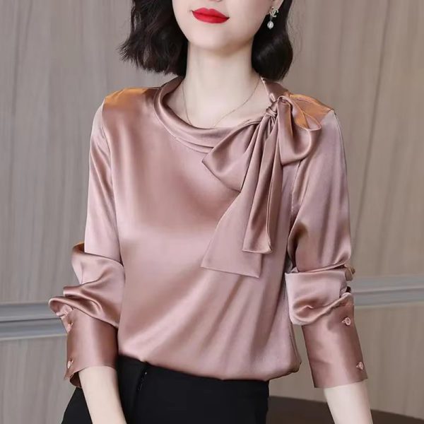 Elegant Satin Solid Bow Fashion Long Sleeve Temperament Bottoming Blusa Shirt - Image 6