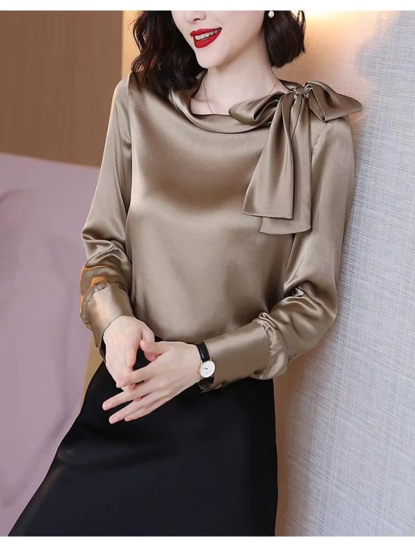 Elegant Satin Solid Bow Fashion Long Sleeve Temperament Bottoming Blusa Shirt - Image 4