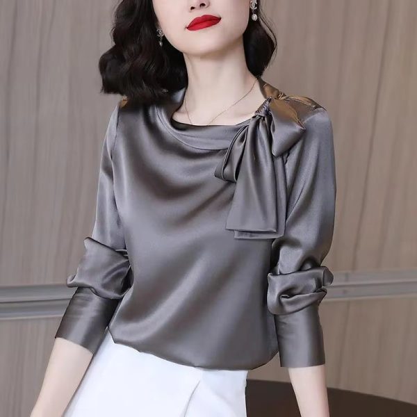 Elegant Satin Solid Bow Fashion Long Sleeve Temperament Bottoming Blusa Shirt - Image 3