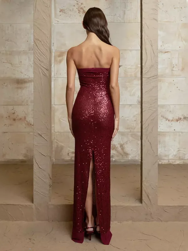 Elegant Sequin Strapless Solid Color Back Slit Long Maxi Dress - Image 6