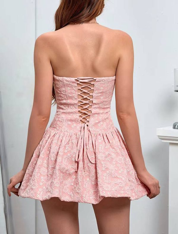 Elegant Single Breasted Backless A-line Strapless Floral Mini Dress - Image 6