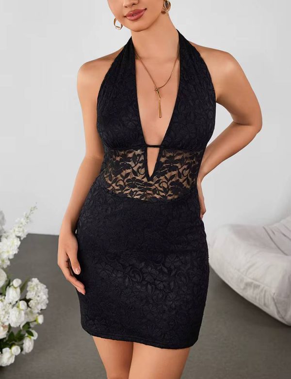 Elegant Sleeveless Backless Cut Out Deep V-Neck Tie Up Lace Mini Dress - Image 4