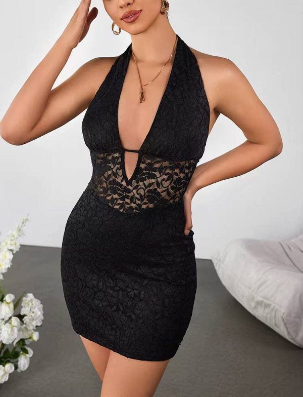 Elegant Sleeveless Backless Cut Out Deep V-Neck Tie Up Lace Mini Dress - Image 5