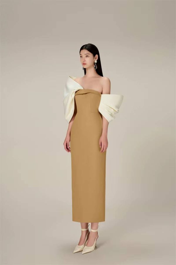 Elegant Slim Waist Backless Patchwork Bow Package Hip Midi Dress - Image 5