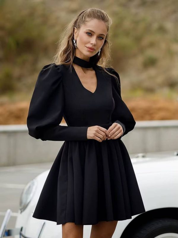 Elegant Stand Collar Long Sleeve High Waist Pleated Mini Dress - Image 4