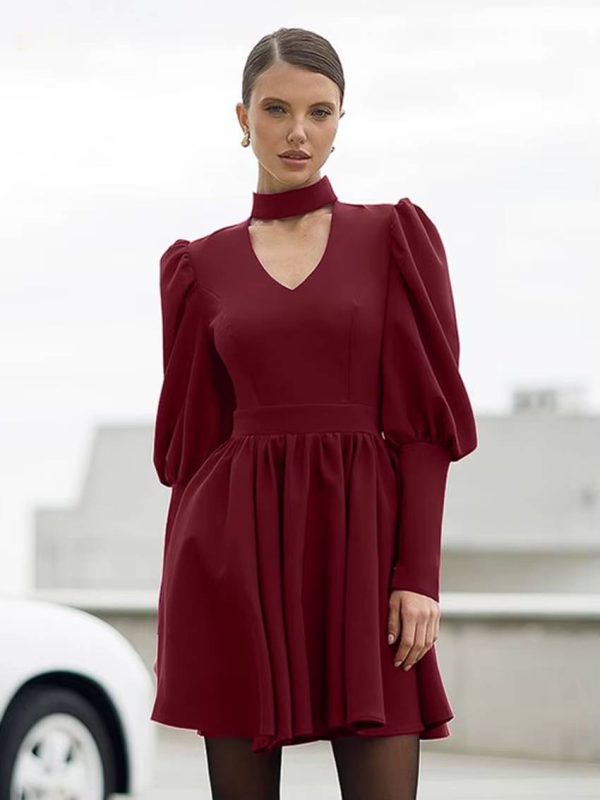 Elegant Stand Collar Long Sleeve High Waist Pleated Mini Dress - Image 2