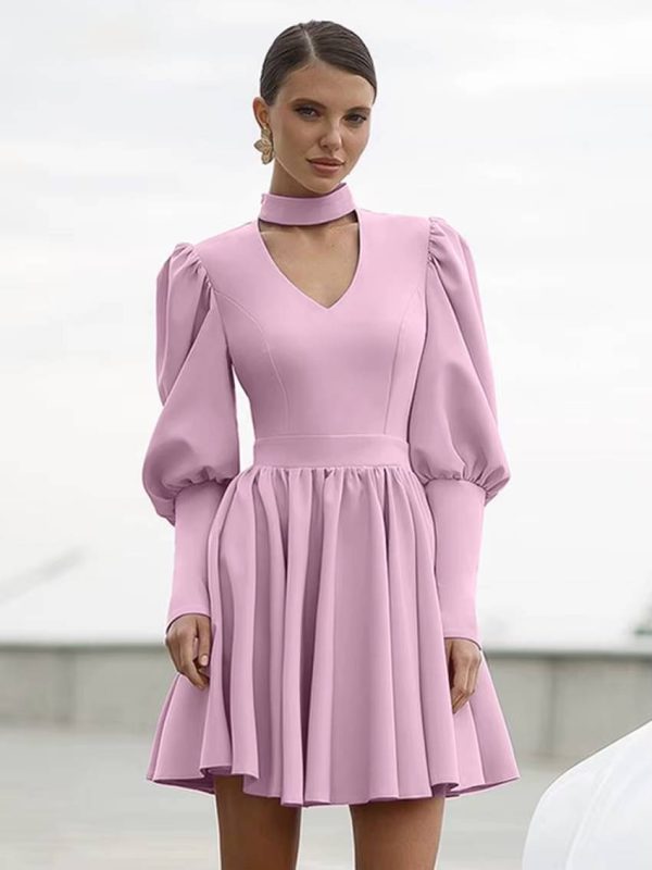 Elegant Stand Collar Long Sleeve High Waist Pleated Mini Dress - Image 6