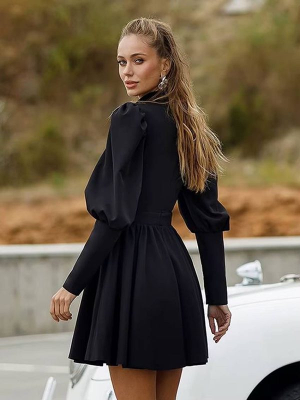 Elegant Stand Collar Long Sleeve High Waist Pleated Mini Dress - Image 5